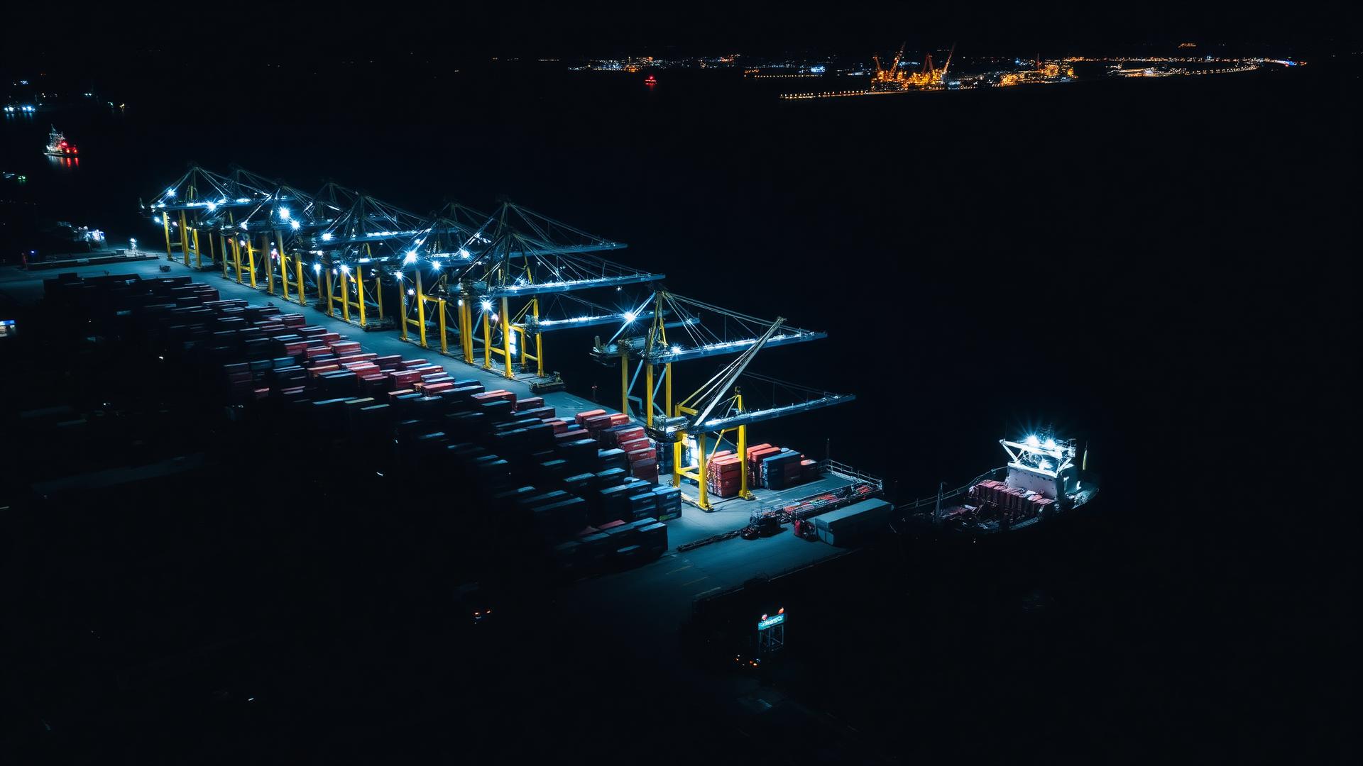 Container port at Tanger Med under night operations
